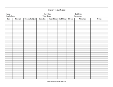 Tutor Time Card Time Card