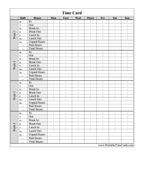 Vertical Monthly Time Card Time Card