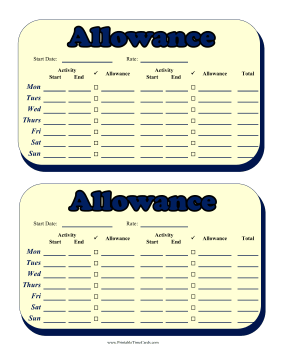 Weekly Allowance Multiple Activities Time Card Time Card