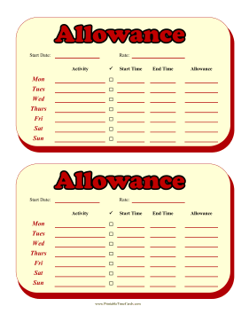Weekly Allowance Time Card Time Card