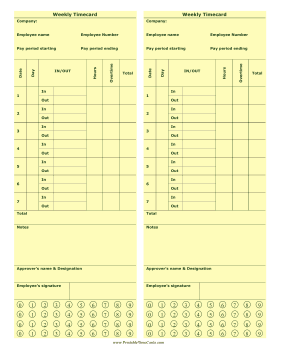 Weekly Punch Time Card Time Card