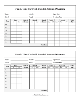 Weekly Time Card 2 Blended Rates Overtime Time Card