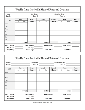 Weekly Time Card 3 Blended Rates Overtime Time Card
