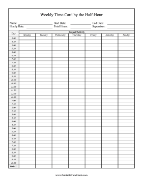 Weekly Time Card By Half-Hour Time Card