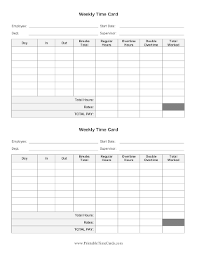 Weekly Time Card Double Overtime Time Card