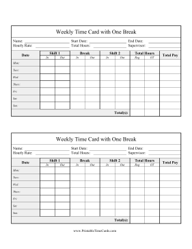 Weekly Time Card One Break Time Card