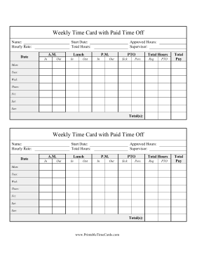 Weekly Time Card PTO Time Card