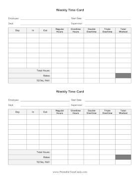 Weekly Time Card Triple Overtime Time Card