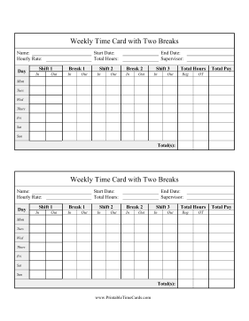 Weekly Time Card Two Breaks Time Card