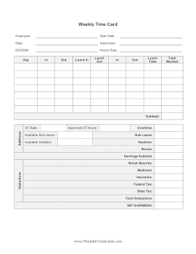 Weekly Time Card With Deductions Time Card