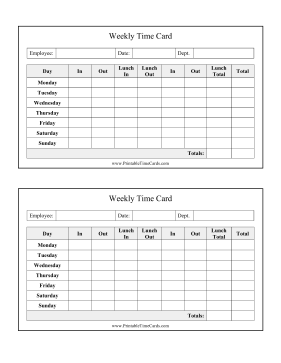 Weekly Time Card With Lunch Time Card