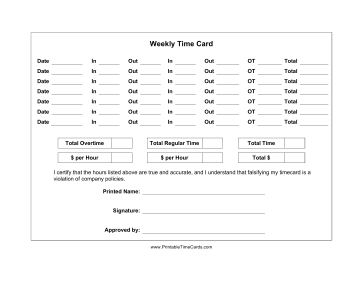 Weekly Time Card With Overtime Time Card