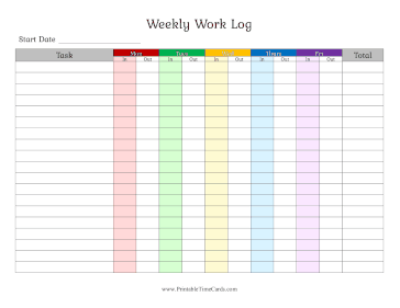 Weekly Work Log Color Time Card