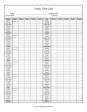 Yearly Time Card-Vertical Time Card