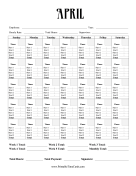 Monthly Time Card Calendar April