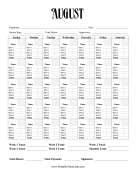Monthly Time Card Calendar August