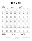 Monthly Time Card Calendar December