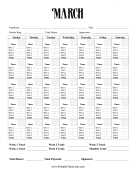 Monthly Time Card Calendar March