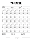 Monthly Time Card Calendar November