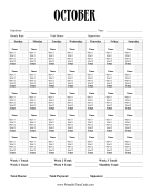 Monthly Time Card Calendar October